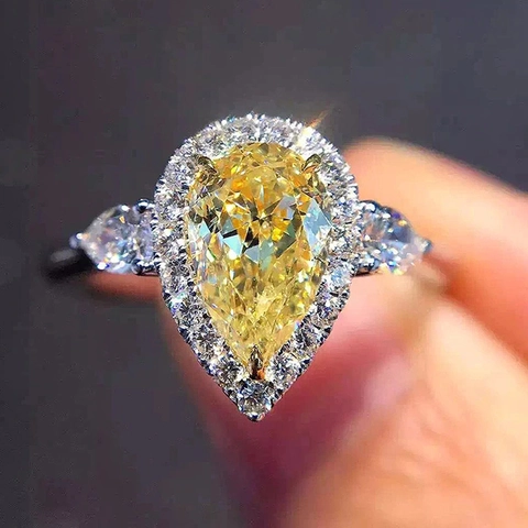 Pear Cut Yellow Cubic Zirconia Ring Copper Halo Setting Water Drop Jewelry For Women Bridal Accessory