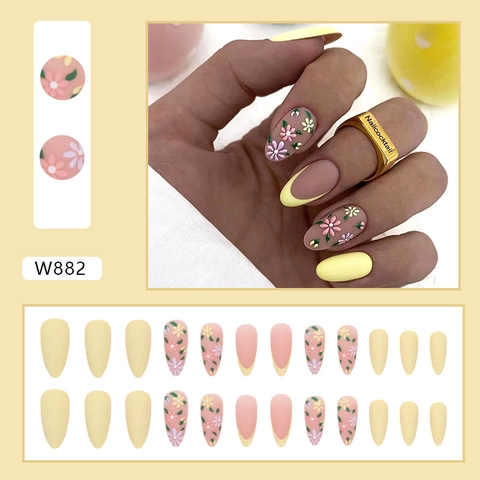 Uñas Postizas Press On Forma Almendra Amarillo Mate Diseño Floral French Tip Retro Elegante Manicura Mujer