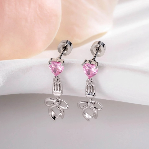 Pink Heart Zircon Fork Bowknot Cartilage Earring Titanium Steel Copper Threaded Flat Back Piercing Jewelry For Women