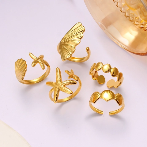 Anello Aperto Regolabile in Acciaio Inossidabile Tema Oceano Stella Marina Conchiglia Foglia di Ginkgo per Donna Gioielli Mare
