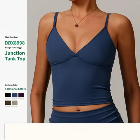 Women Yoga Tank Top Recycled Polyester Spandex V Neck Thin Straps Removable Pads Tight Fit Sports Bra