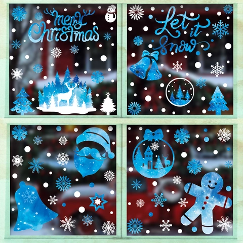 Christmas Window Stickers Static PVC Decals Reindeer Snowflake Santa Claus Winter Holiday Glass Decor Blue Watercolor