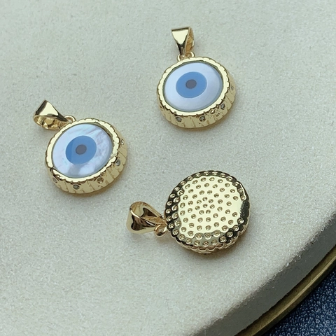 Round Evil Eye Pendant Copper With White Mother Of Artificial Pearl And Rhinestone Gold Plated DIY Jewelry Accessory For Women