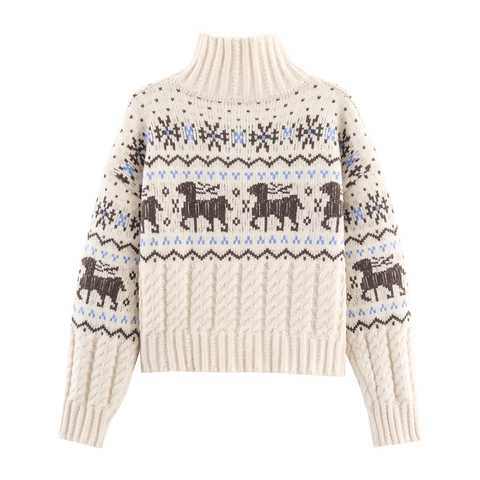 Women Reindeer Christmas Knitted Cardigan Nordic Fair Isle Button Down Mock Neck Retro Warm Winter Sweater Jacket