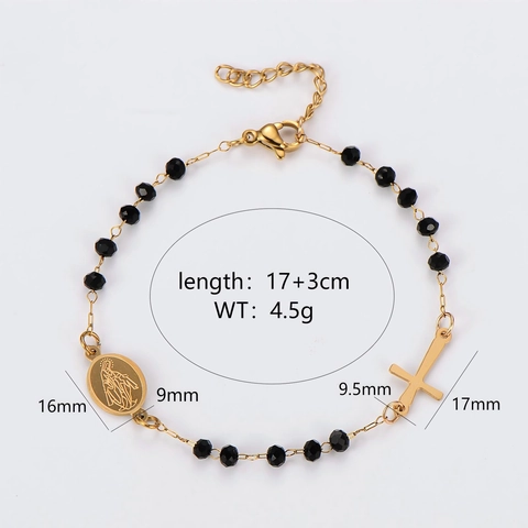 Pulsera Rosario De Cuentas Acero Inoxidable 304 Cuentas Negras Colgante Cruz Medalla Virgen María Joyería Religiosa Unisex
