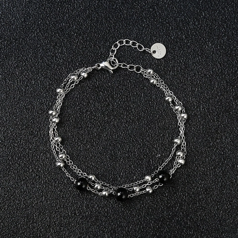 Bracciale A Strati Acciaio Inossidabile Placcato Oro 18K Perla de Agua Dulce Acqua Dolce Agata Nera Perline Catena Croce Donna