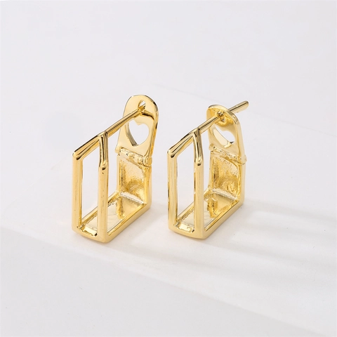 Orecchini Geometrici Rettangolari Cavi Perno In Argent Sterling 925 Rame Placcato Oro 14K Donna Stile Minimalista