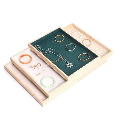 Solid Wood Jewelry Display Tray With Velvet And Leather Lining For Necklaces Bracelets Watches Rings Professional Showcase Organizer