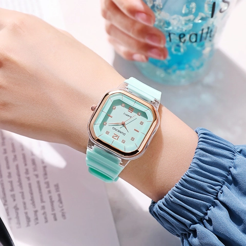 Mode Quadratische Quarzuhr Transparentes Gehäuse Roségold Strass Akzente Silikonarmband Casual Unisex Armbanduhr Accessoire