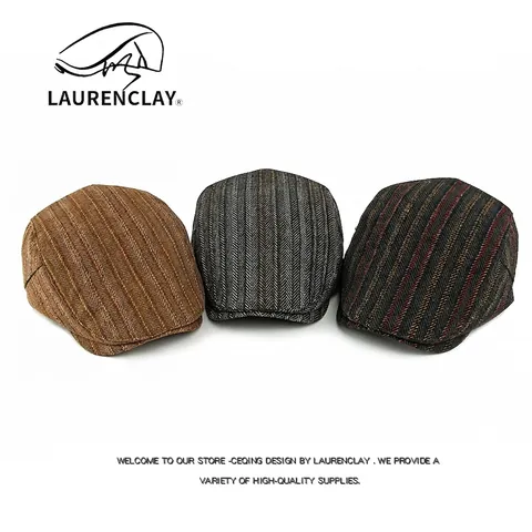 British Retro Wool Blend Flat Cap For Men Women Vintage Herringbone Striped Newsboy Beret Adjustable Winter Warm Hat
