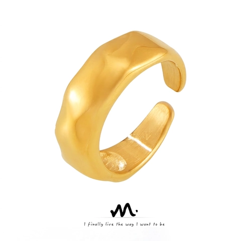 Minimalist 18K Gold Plated Titanium Steel Open Ring For Women Lava Texture Adjustable Band Finger Ring Jewelry Gift