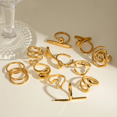 Anillo Abierto de Acero Inoxidable Chapado en Oro de 18K para Mujer Anillo de Dedo Geométrico Irregular Onda Impermeable Hipoalergénico Joyería de Moda