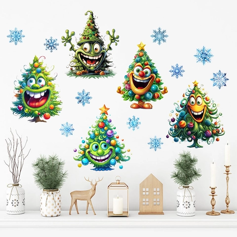 Christmas Tree Wall Sticker Cartoon Smile Face Snowflake PVC Self-Adhesive Waterproof Holiday Home Decor