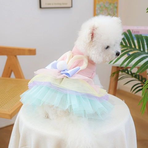 Schattige Huisdier Hond Jurk Regenboog Gaas Rok Met Konijnenoren Strik Prinsessenstijl Kleding Voor Kleine Honden Katten