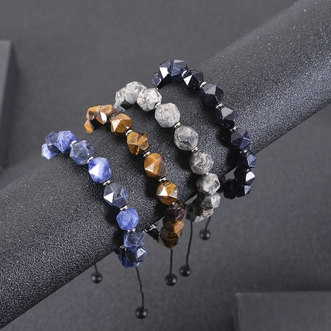 Faceted Natural Stone Braided Bracelet Adjustable Handmade Beaded Gemstone Jewelry With Alloy Spacers For Men Women