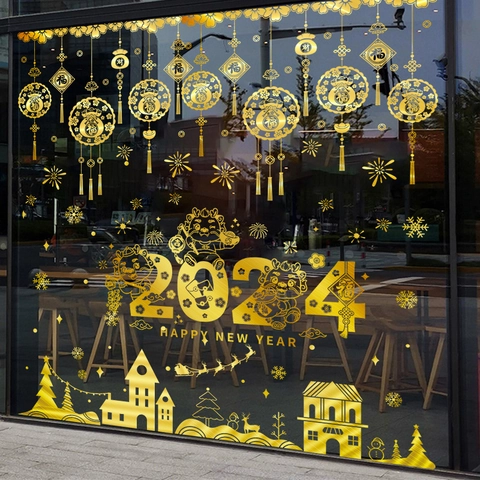 Christmas Window Stickers Gold Metallic PET Snowflake Reindeer Wall Decals For Glass Door Showcase Holiday Home Decor
