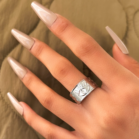 Anello Regolabile Occhio Del Male Acciaio Inossidabile Fascia Larga Opaco Bohemian Retro Punk Gothic Gioielli Donna Uomo