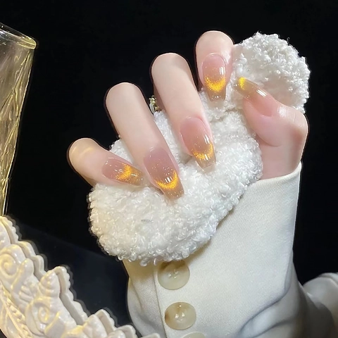 Uñas Postizas Press On Largas Ataúd Ojo De Gato Magnéticas Sonrisa Francesa Degradado Brillo Uñas Artificiales