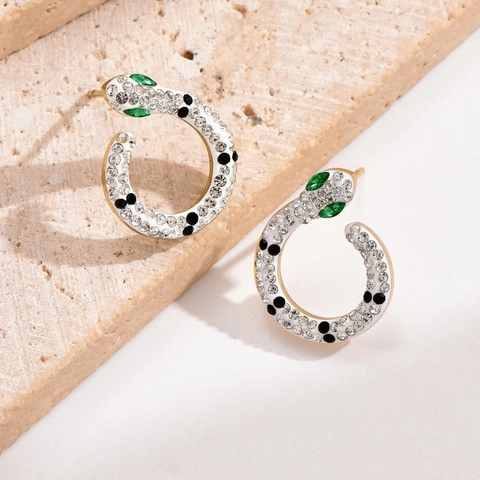 Slangvormige C-Ring Oorbellen Titaniumstaal Wit Email Zwarte Stippen Groene Edelsteenogen Fonkelende Strass-Steentjes Mode Dames