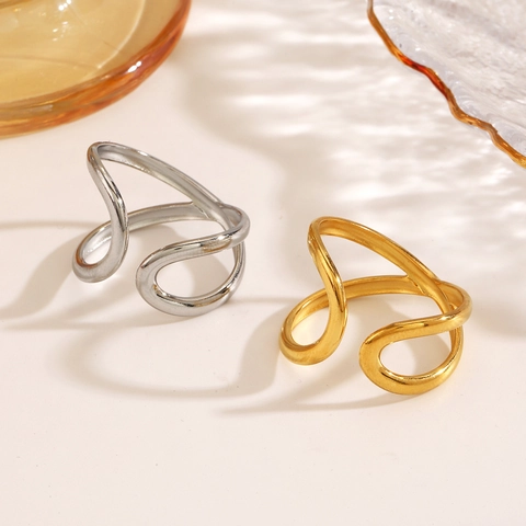 Irregular Line Hollow Ring Stainless Steel Vacuum Gold Plated Adjustable Minimalist Hip Hop Exaggerated Jewelry For Women