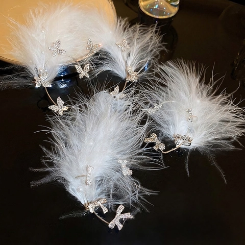 Pendientes De Clip Ear Cuff De Plumas Blancas Con Lazo De Mariposa De Diamantes De Imitación Aleación Perla Artificial Para Mujer