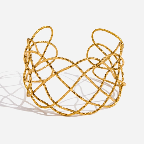 Brazalete De Acero Inoxidable Chapado En Oro De 18K Para Mujer Malla Hueca Textura Martillada Irregular Ajustable
