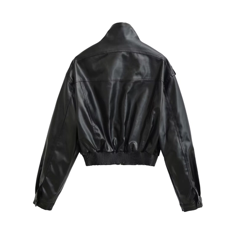 Women Faux Leather Jacket PU Stand Collar Short Cropped Aviator Coat With Cargo Pockets Streetwear Outerwear