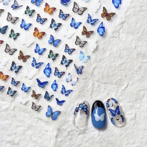 Nail Art Stickers Butterfly Pattern Blue Ultra Thin Self Adhesive DIY Manicure Decals For Women Japanese Style