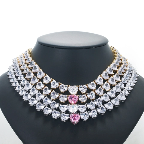 Heart Shaped Cubic Zirconia Necklace Copper 18K Gold Plated Hip Hop Iced Out Clavicle Chain Jewelry For Women Men