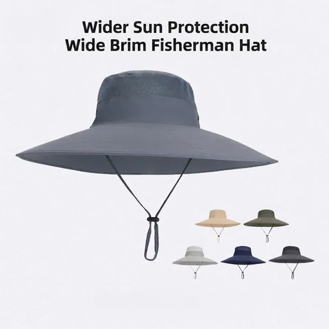 Outdoor Wide Brim Sun Hat Men Fishing Hiking Waterproof Quick Dry Breathable Mesh Adjustable Chin Strap Nylon Summer