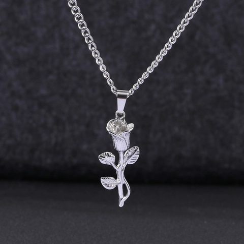 Stainless Steel Rose Flower Pendant Necklace For Women Elegant Floral Design Curb Chain Gold Silver Plated Jewelry Gift