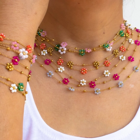 Bohemian Handmade Flower Stainless Steel Jewelry Colorful Glass Seed Bead Floral Necklace And Bracelet For Women