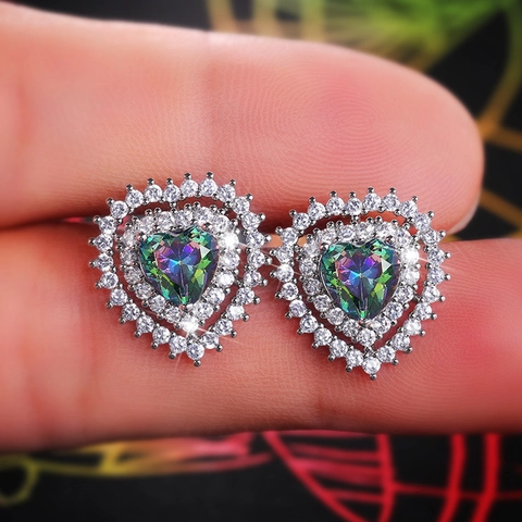 Eleganti Orecchini A Lobo Cuore Rame Con Zirconia Colorata Doppio Halo Rhinestone Per Donne