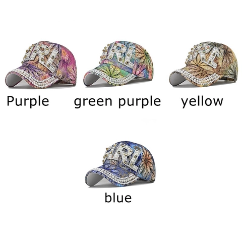 Gorra De Béisbol Para Mujer Con Pedrería Y Perlas Artificiales Estampado Floral Algodón Ajustable Gorro De Sol De Lujo Accesorio