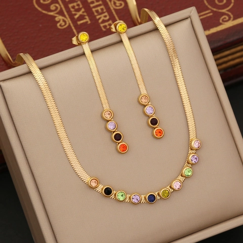 Gioielli In Acciaio Inossidabile Strass Tondi Colorati Placcato Oro Catena A Serpente Piatta Spina Di Pesce Moda Per Donne