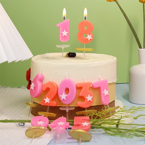 Bougies D'anniversaire En Chiffre Décoration Étoile Cire De Paraffine Décoration De Gâteau Fête Rose Orange