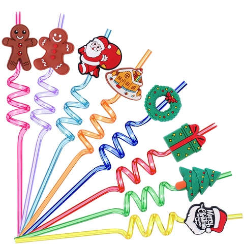 Christmas Spiral Straws Reusable Plastic With Silicone Santa Reindeer Decorations Party Favors Drinkware Accessories