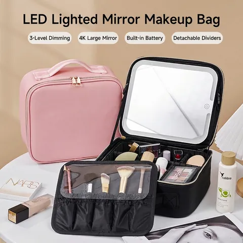 Make Up Koffer Met LED Spiegel PU Leer Grote Capaciteit Verstelbare Verdelers Professionele Reis Cosmetische Tas