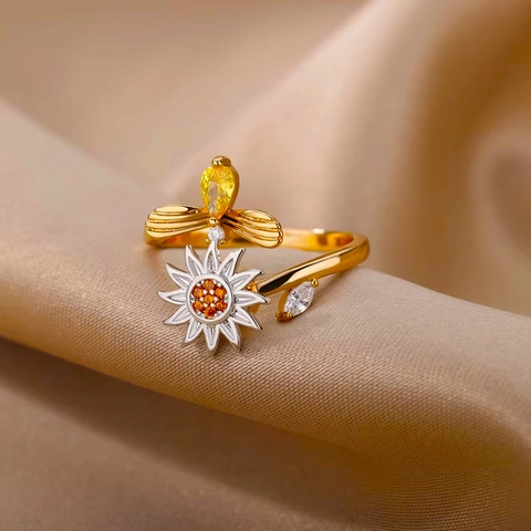 Stainless Steel Adjustable Open Rings For Women Heart Shell Butterfly Geometric Sun Gold Plated Fashion Jewelry