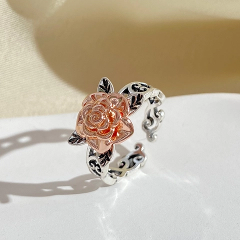Vintage Rose Blume Hohl Offener Ring Zweifarbig Kupfer Verstellbar Retro Stil Mode Schmuck Geschenk Für Frauen