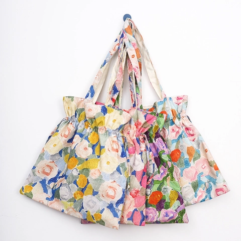 Borsa A Spalla Floreale Donna Tela Di Cotone Stile Pittura Ad Olio Coulisse Grande Capacità Artistica Letteraria Borsa Tote