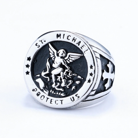 Archangel St Michael Signet Ring 316L Stainless Steel Religious Protection Vintage Shield Jewelry For Men