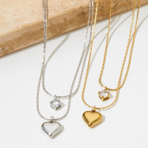 Stainless Steel Layered Necklace With Heart And Round Zircon Pendant Simple Elegant Jewelry For Women