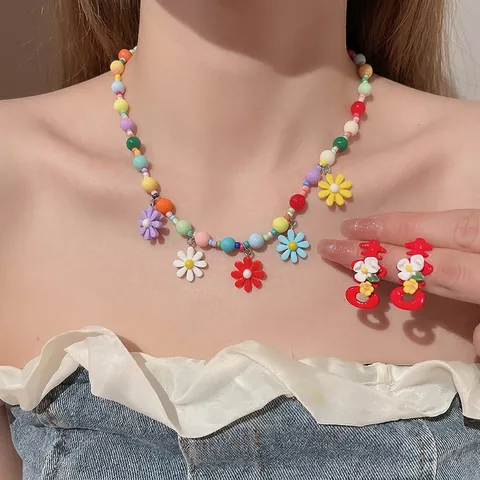 Collier À Fleurs En Acrylique Coloré Et Boucles D'Oreilles Double Bonheur Avec Tige En Argent Femme Style Ethnique Doux