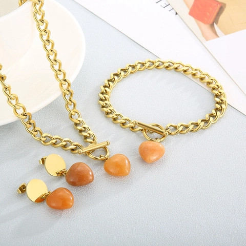 Women Stainless Steel OT Buckle Natural Stone Jewelry Set Gold Plated Cuban Chain Heart Necklace Bracelet Earrings Party Jewelry