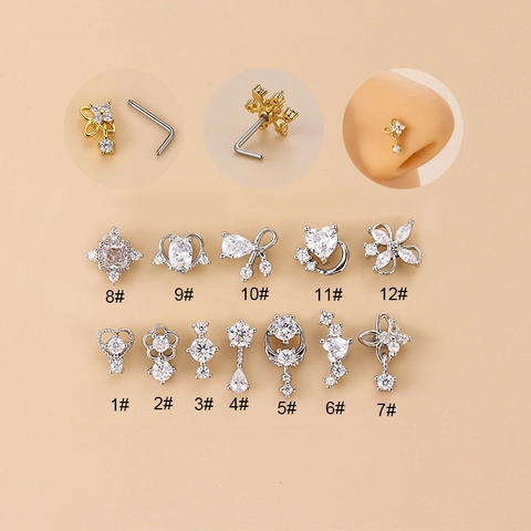 Stainless Steel L-Shape Nose Stud For Women Heart Flower Star Geometric Zirconia Inlaid Gold Silver Piercing Body Jewelry