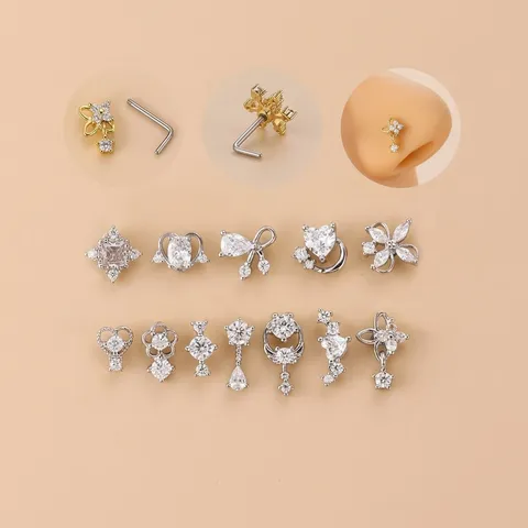 Edelstahl L-Form Nasenstecker Für Damen Herz Blume Stern Geometrisch Zirkonia Eingelegt Gold Silber Piercing Körperschmuck