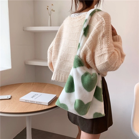 Borsa Tote In Peluche Ecopelliccia Motivi Cuore Fiore Scacchi Grande Capacità Borsa A Spalla Morbida Calda Casual Per Donne