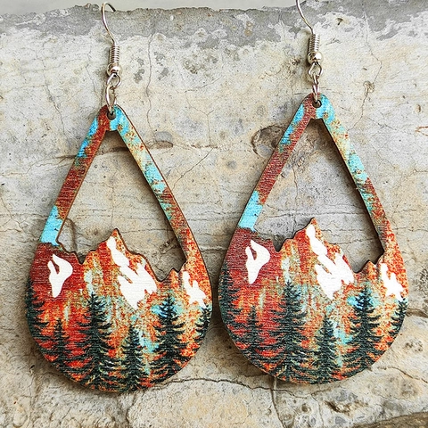 Vintage Wood Drop Earrings Forest Snow Mountain Scenery Bohemian Teardrop Dangle Jewelry For Women Distressed Natural Style