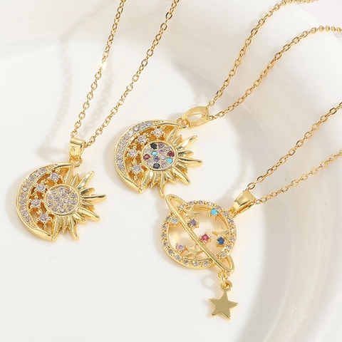 Himmlische Sonne Mond Planet Anhänger Halskette 14K Vergoldetes Kupfer Bunte Zirkonia Schmuck Für Damen Boho